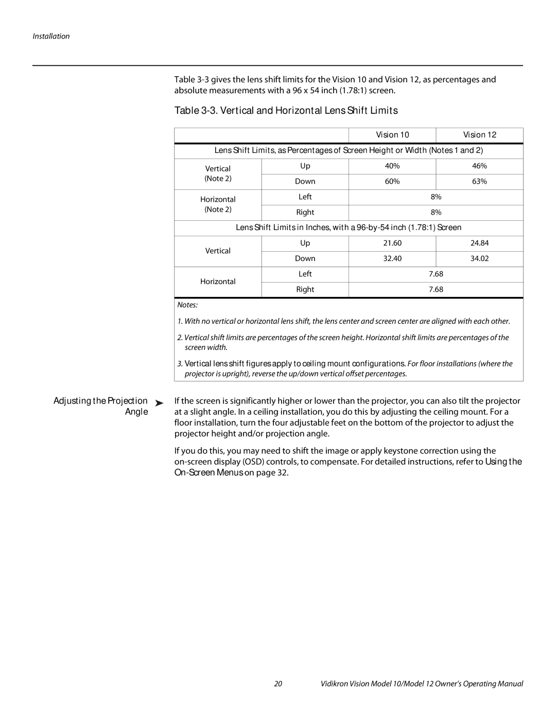 Vidikron 40828 manual Vertical and Horizontal Lens Shift Limits, Adjusting the Projection, Angle, Vision 