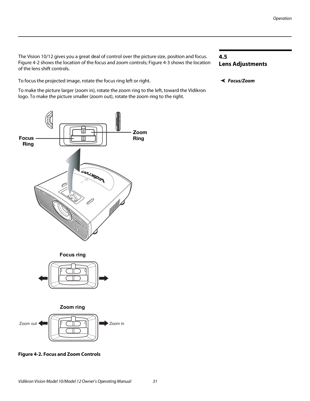Vidikron 40828 manual Lens Adjustments, Focus/Zoom 