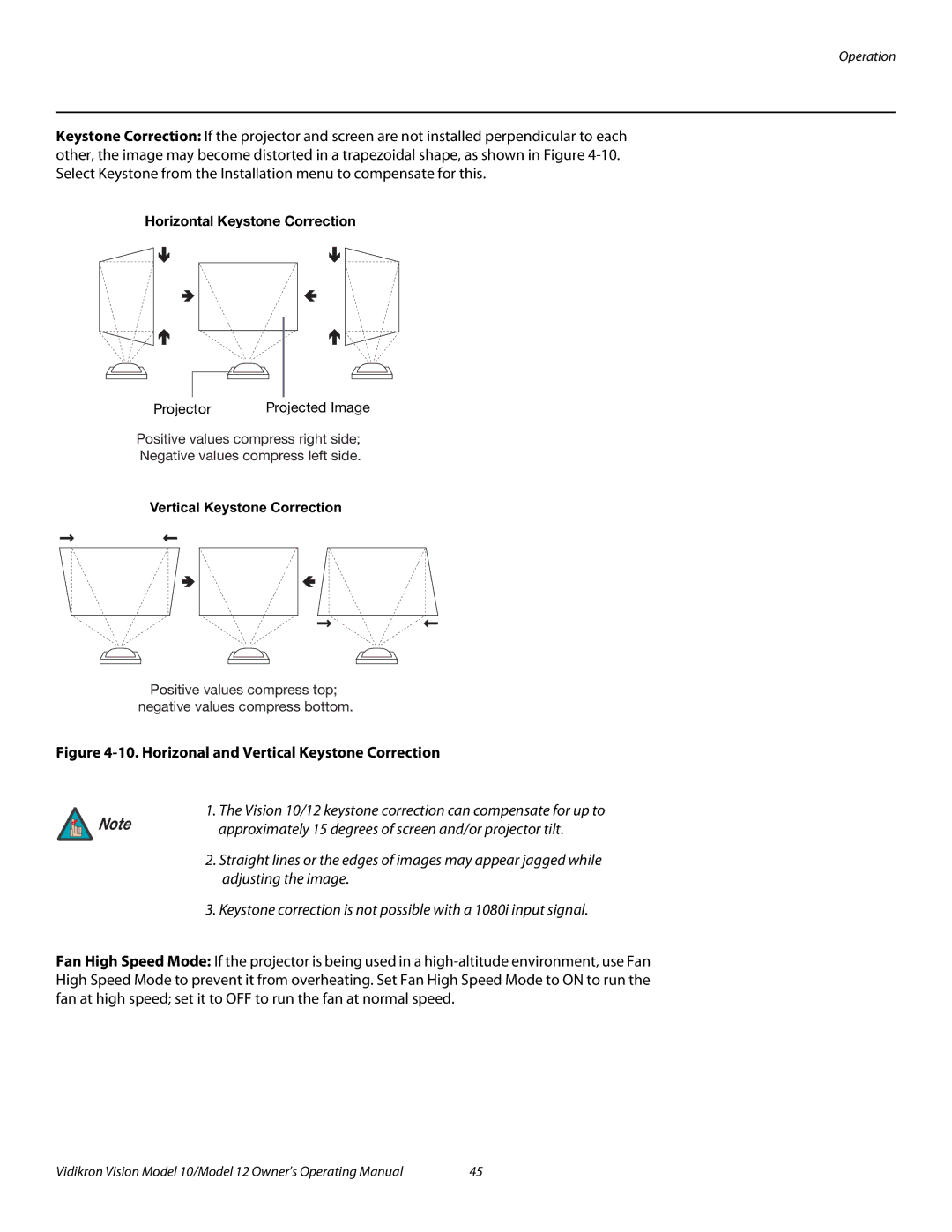 Vidikron 40828 manual Horizontal Keystone Correction, Vertical Keystone Correction 