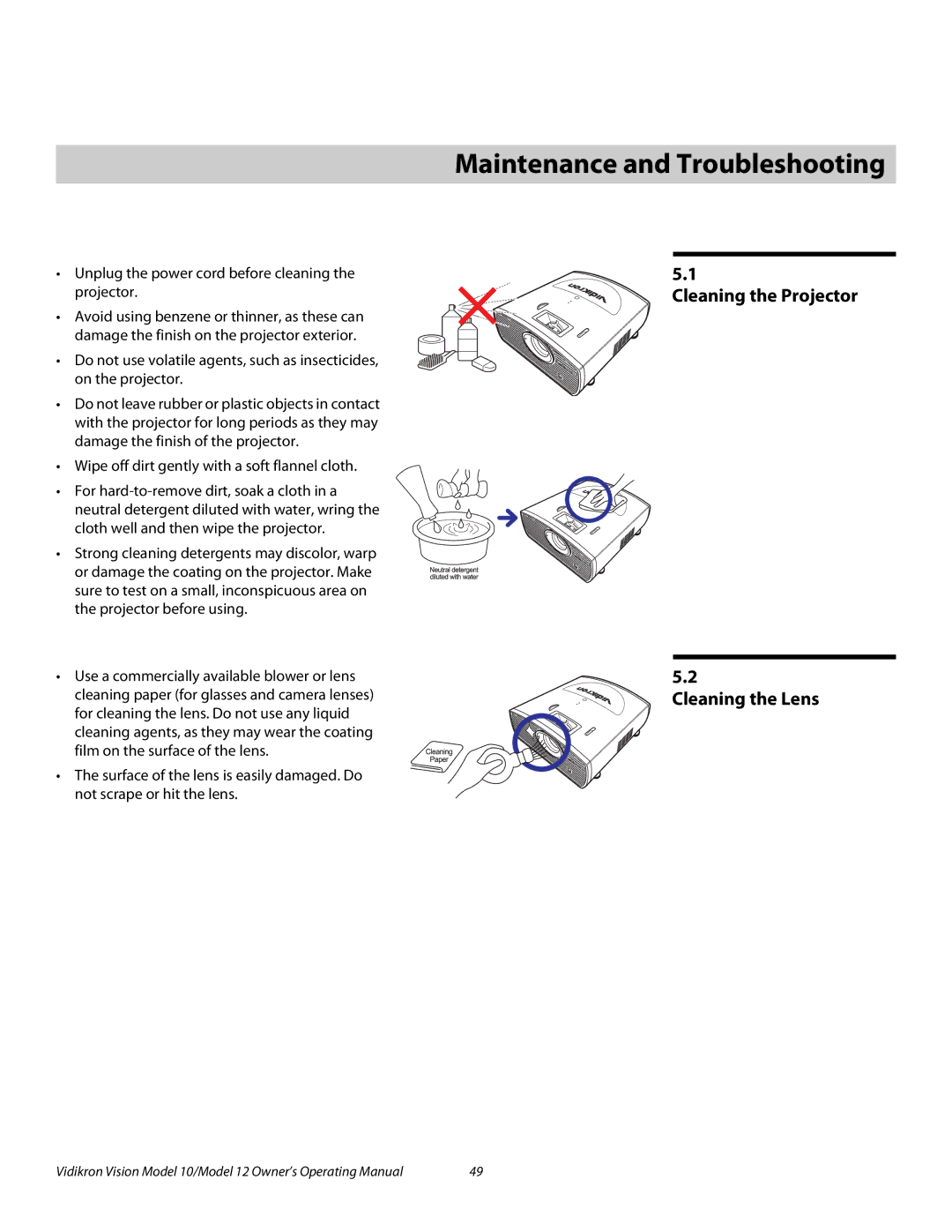 Vidikron 40828 manual 5Maintenance and Troubleshooting, Cleaning the Projector Cleaning the Lens 