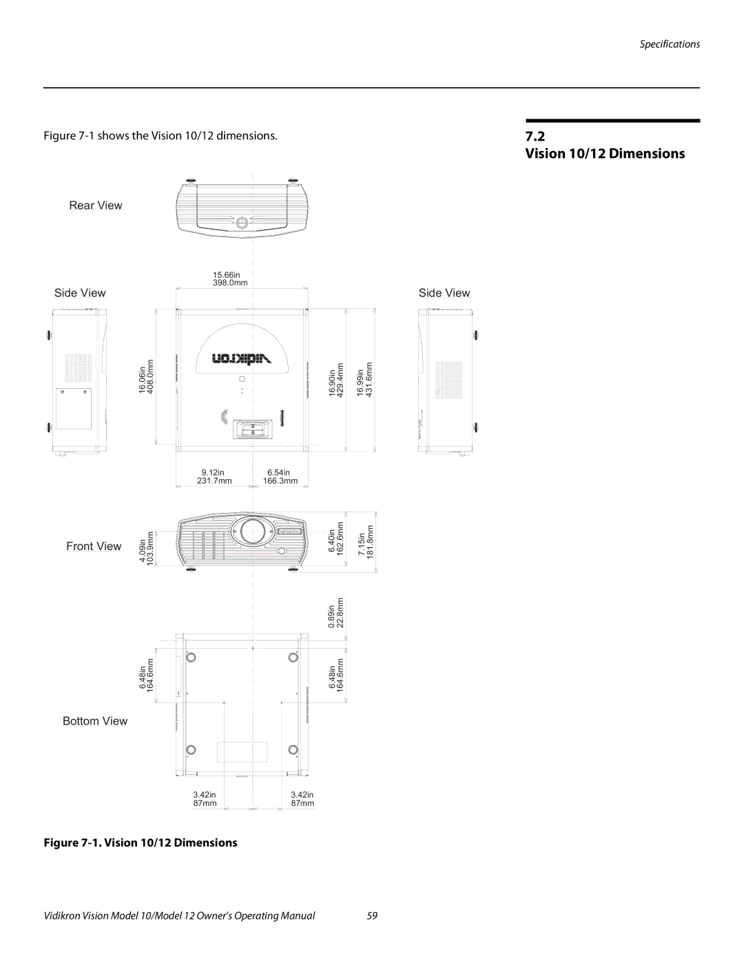 Vidikron 40828 manual Vision 10/12 Dimensions, 1shows the Vision 10/12 dimensions 