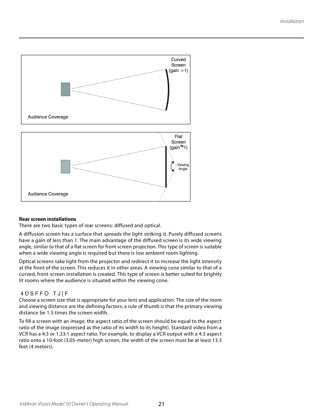Vidikron 50 manual Rear screen installations, Screen size 