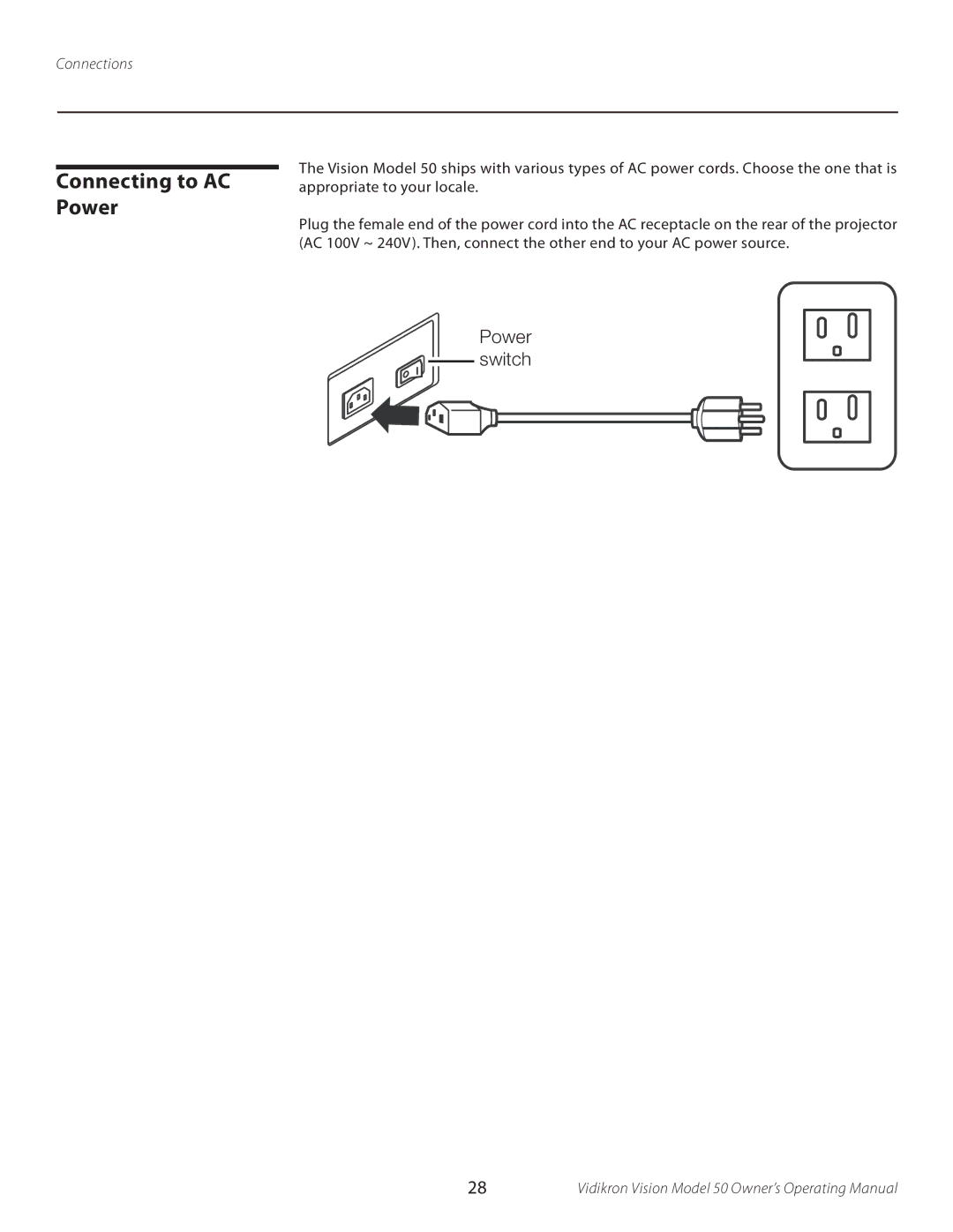 Vidikron 50 manual Connecting to AC Power, Power Switch 