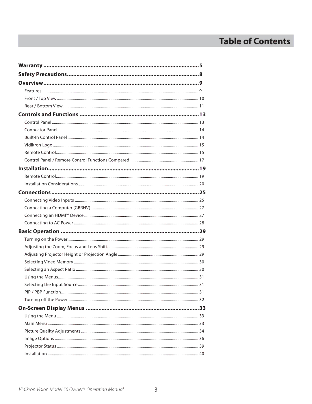 Vidikron 50 manual Table of Contents 