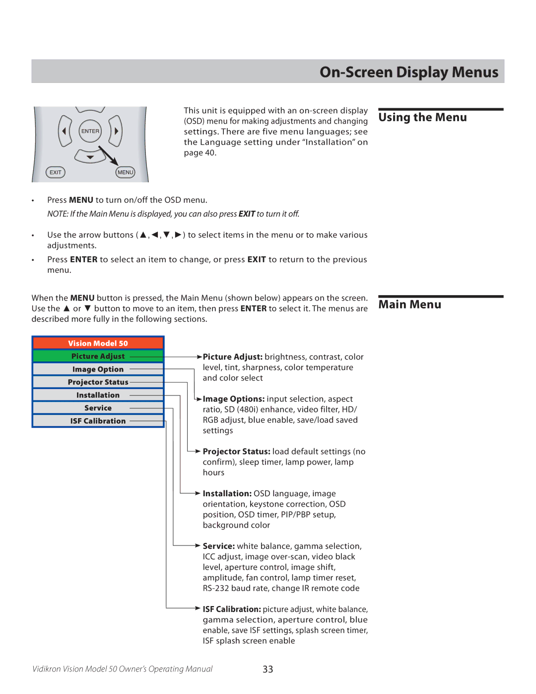 Vidikron 50 manual On-Screen Display Menus 