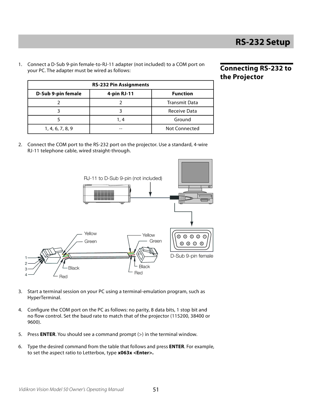 Vidikron 50 RS-232 Setup, Connecting RS-232 to the Projector, RS-232 Pin Assignments Sub 9-pin female Pin RJ-11 Function 