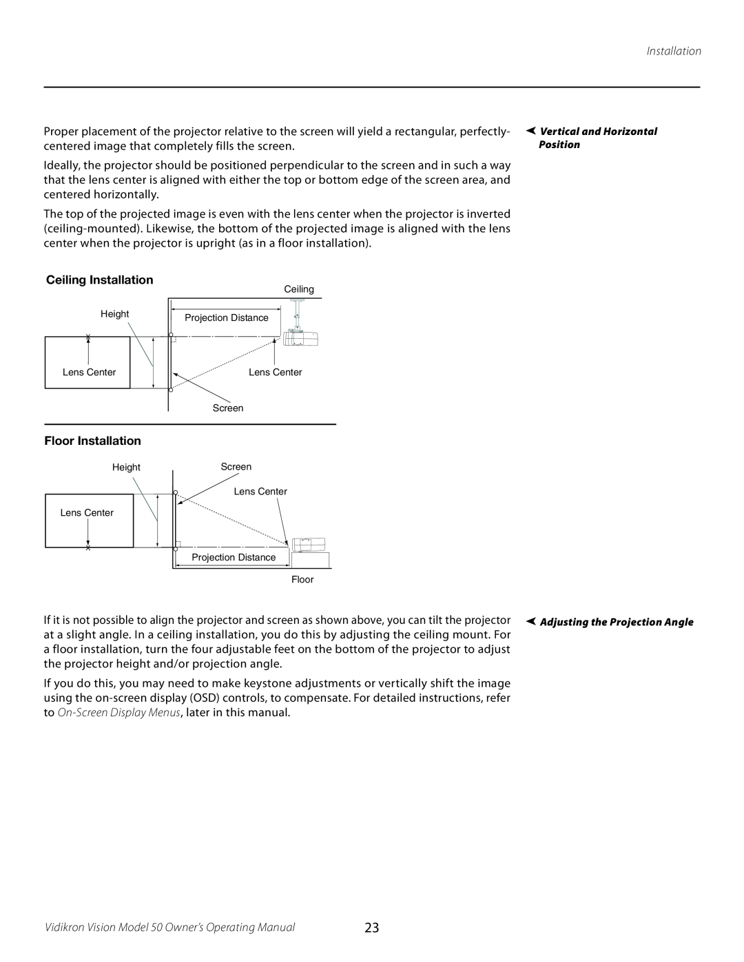 Vidikron manual Ceiling Installation, Floor Installation, Vidikron Vision Model 50 Owner’s Operating Manual 