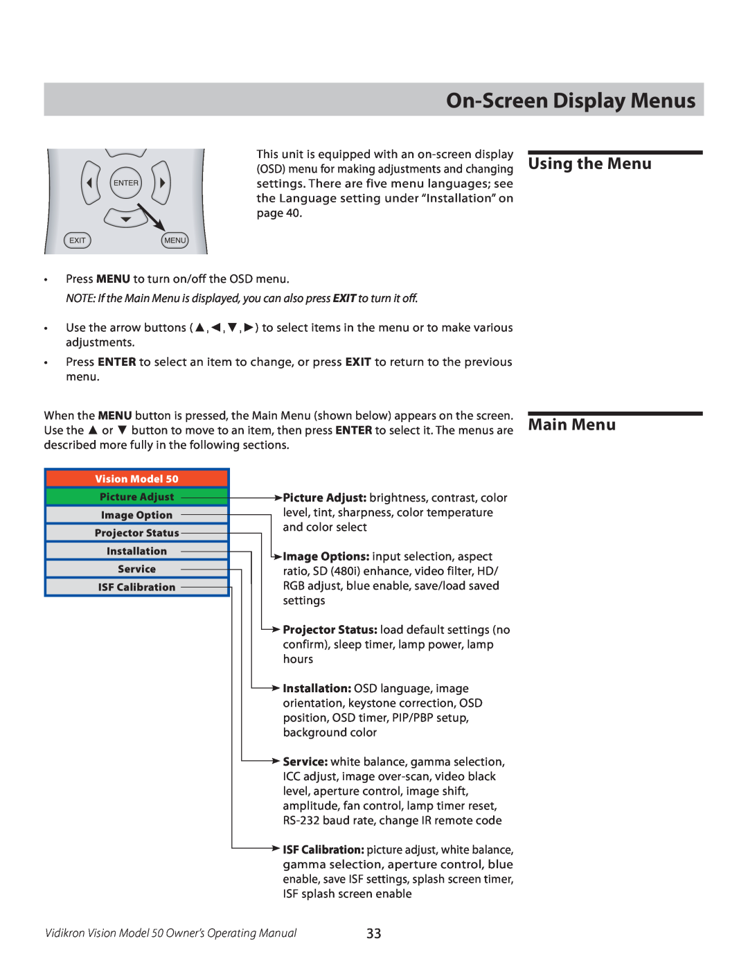 Vidikron manual On-Screen Display Menus, Vidikron Vision Model 50 Owner’s Operating Manual 