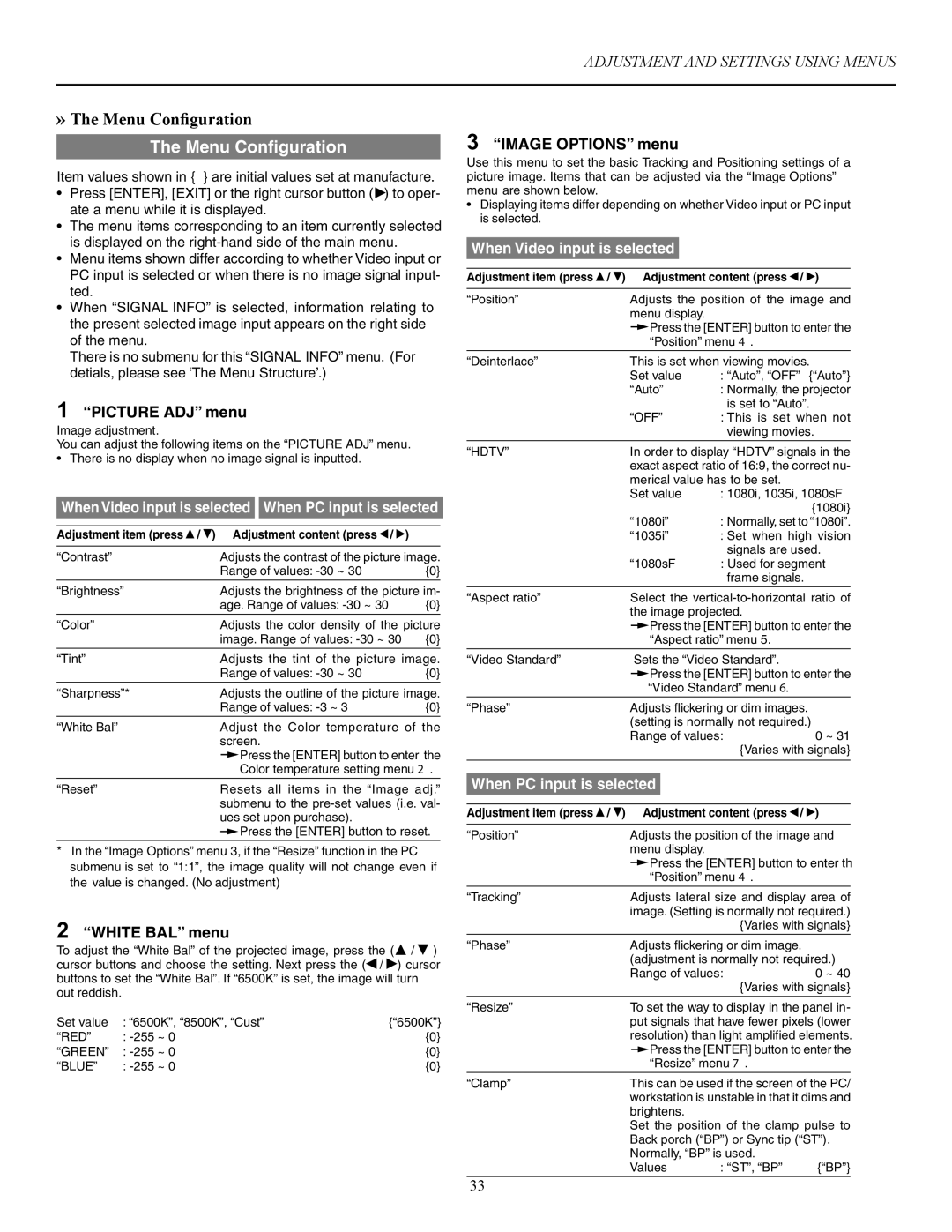 Vidikron 60 manual » The Menu Configuration 