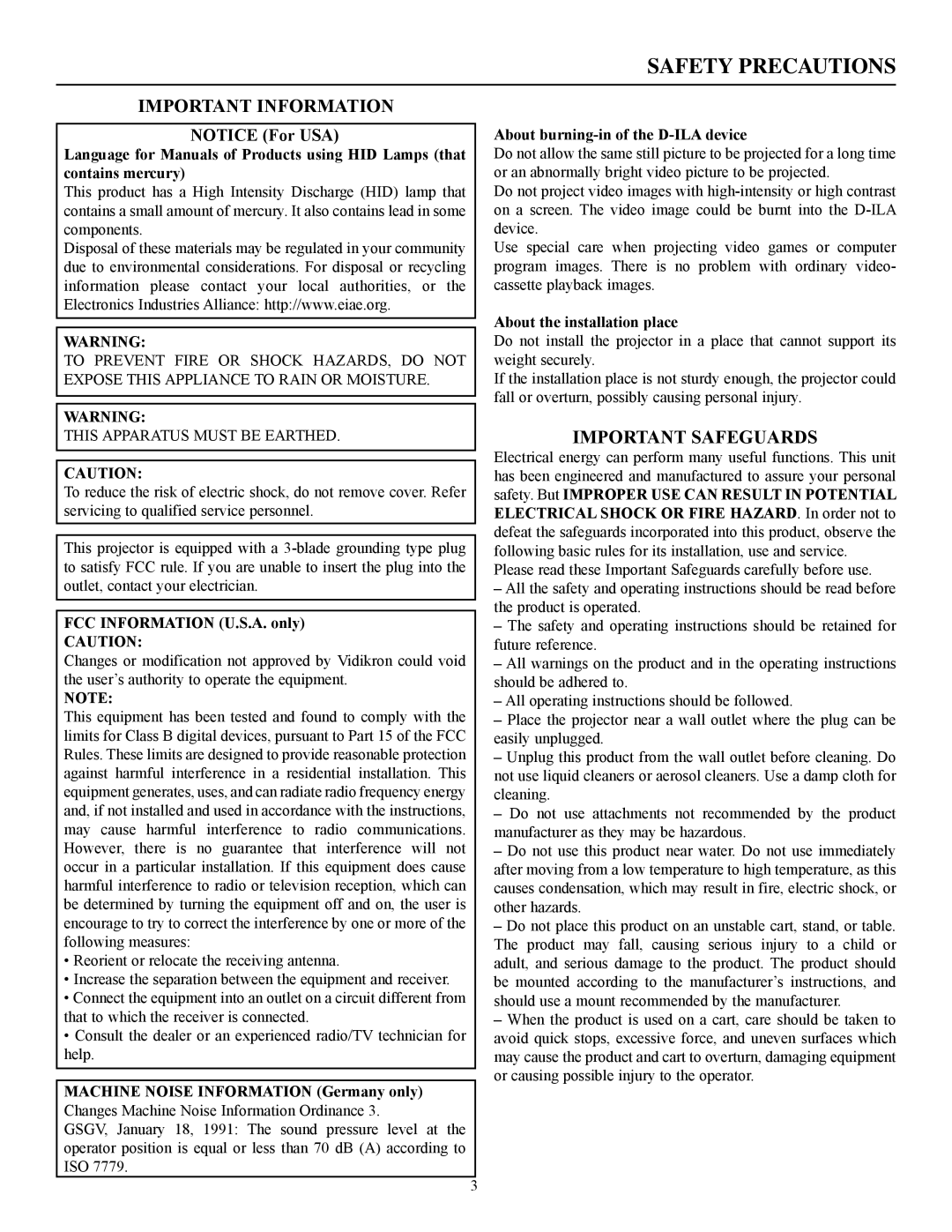 Vidikron 60 manual Safety Precautions, FCC Information U.S.A. only, About burning-in of the D-ILA device 