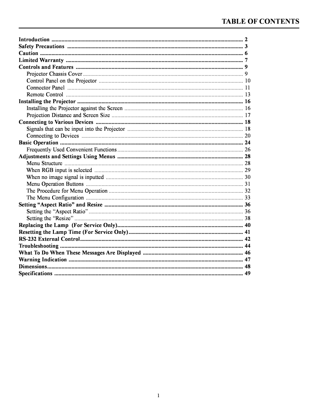 Vidikron 60 manual Table Of Contents 