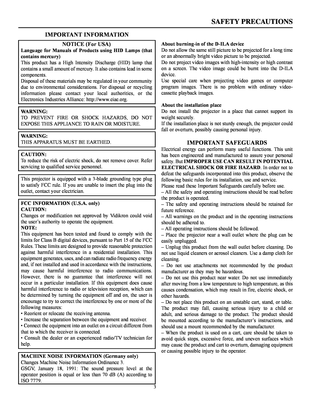 Vidikron 60 manual Safety Precautions, Important Information, Important Safeguards, NOTICE For USA 