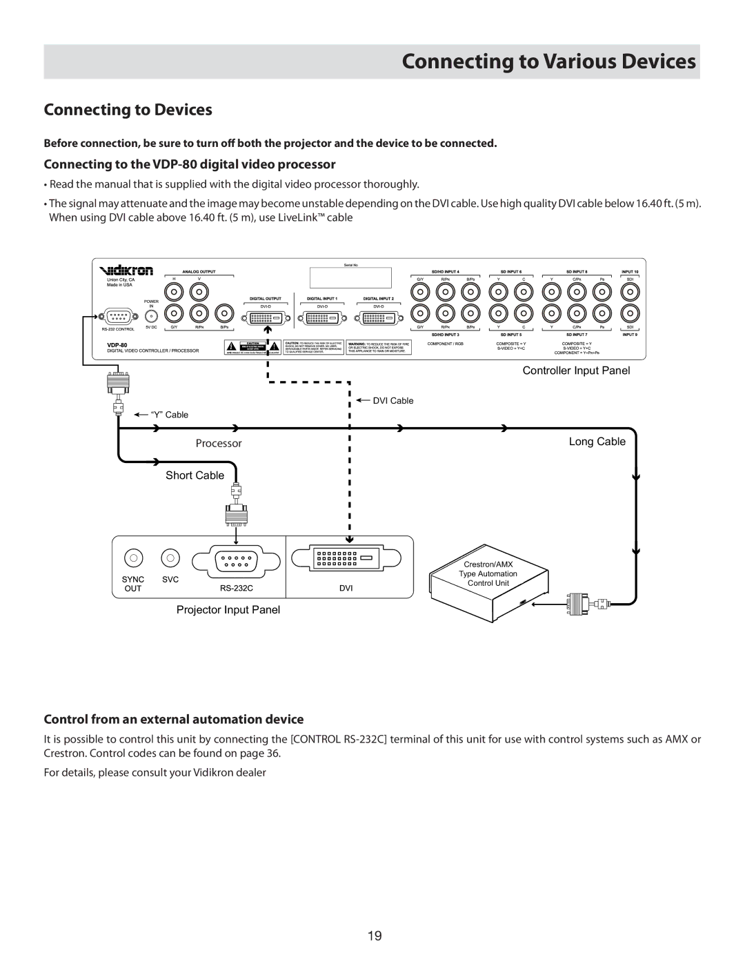 Vidikron manual Connecting to Various Devices, Connecting to Devices, Connecting to the VDP-80 digital video processor 