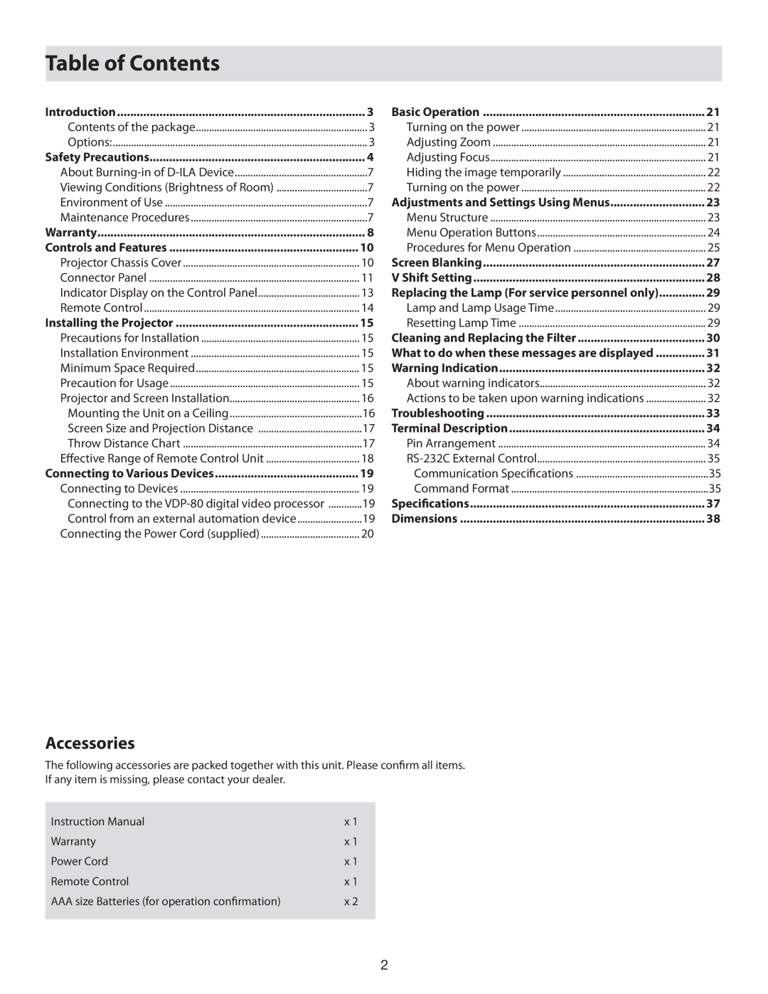 Vidikron 80 manual Table of Contents 