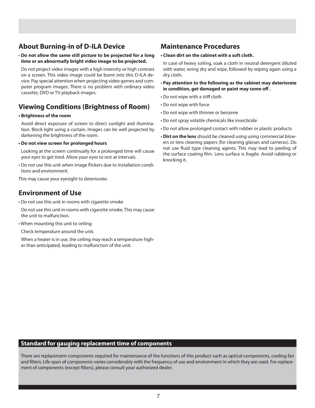 Vidikron 80 manual About Burning-in of D-ILA Device, Environment of Use, Maintenance Procedures 