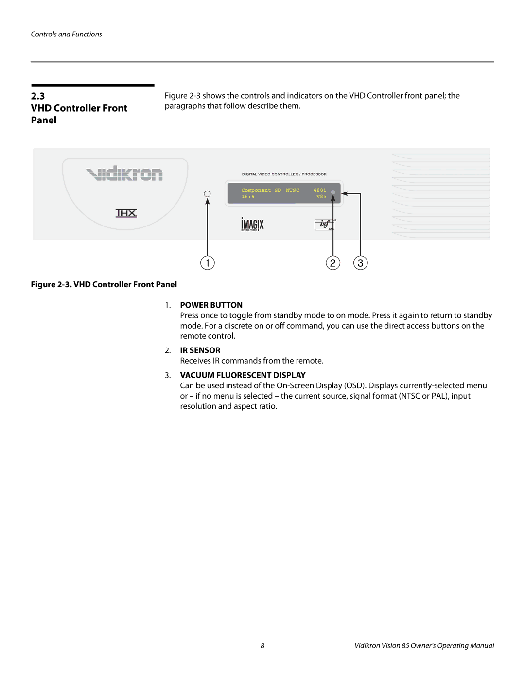 Vidikron 85 manual VHD Controller Front Panel 