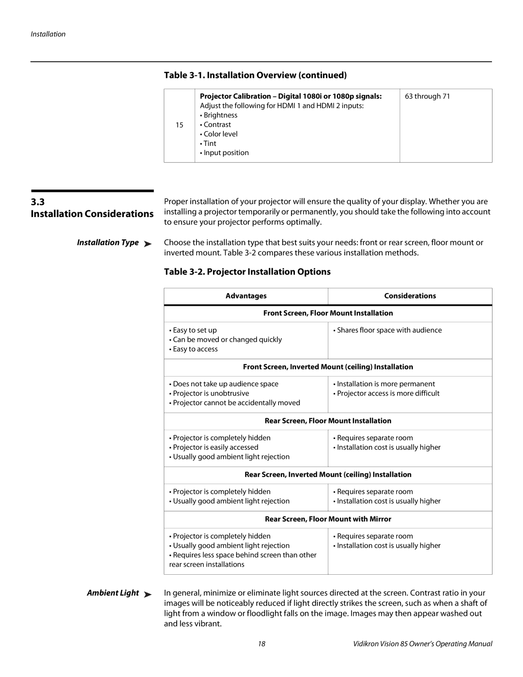 Vidikron 85 Installation Considerations, Projector Installation Options, Installation Type, Advantages Considerations 