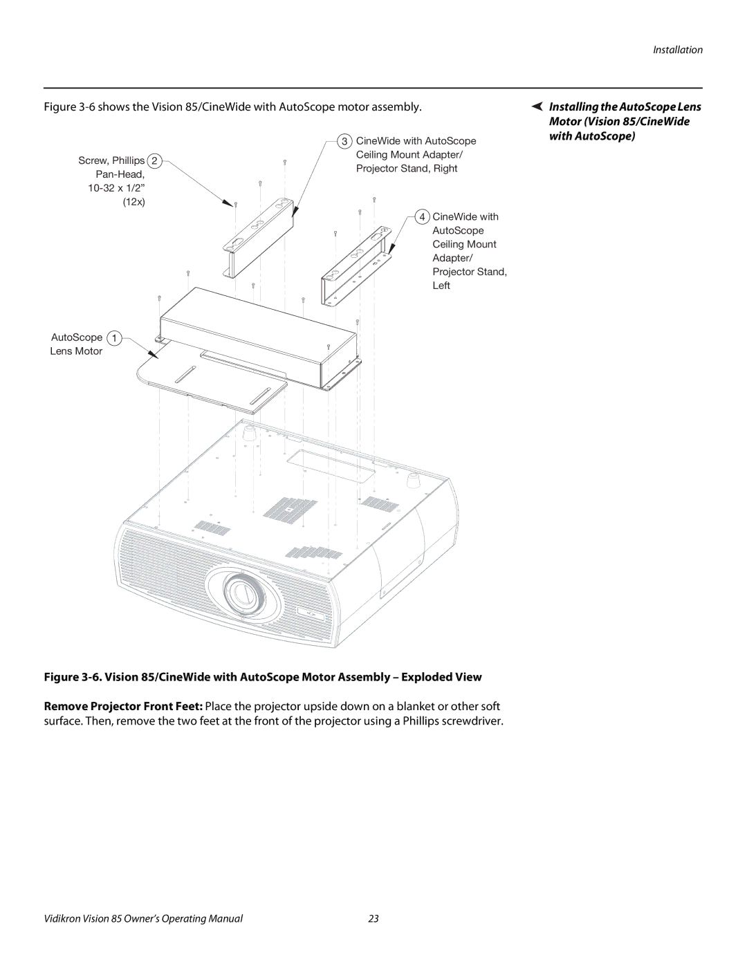 Vidikron manual 6shows the Vision 85/CineWide with AutoScope motor assembly 