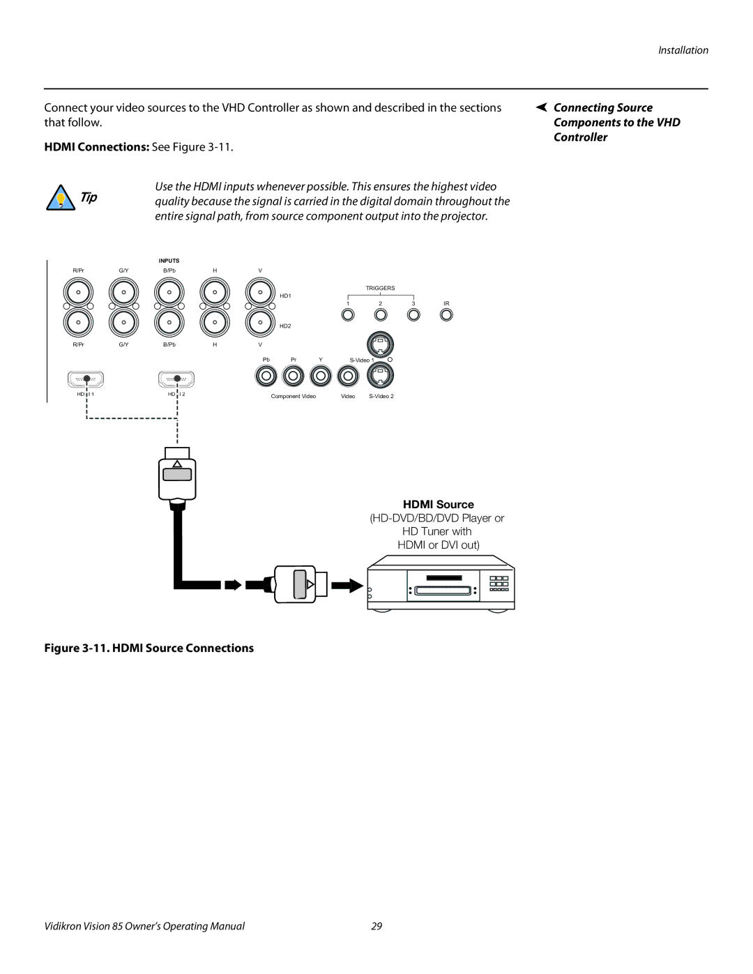 Vidikron 85 Connecting Source, Hdmi Connections See Figure, Controller, Hdmi Source HD-DVD/BD/DVD Player or HD Tuner with 