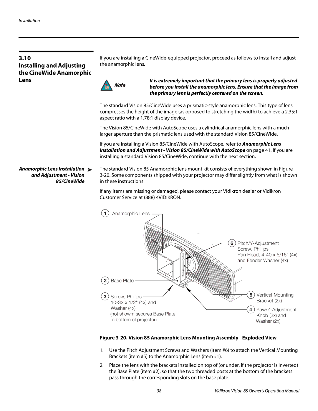 Vidikron 85 manual Installing and Adjusting the CineWide Anamorphic Lens 