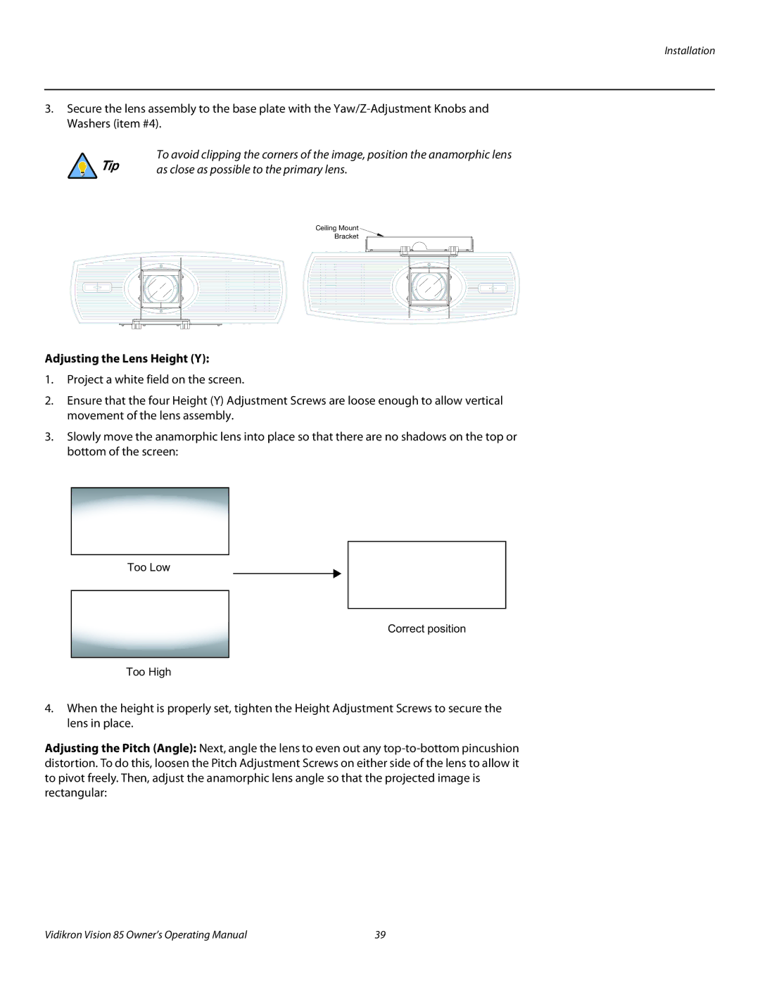 Vidikron 85 manual Adjusting the Lens Height Y 
