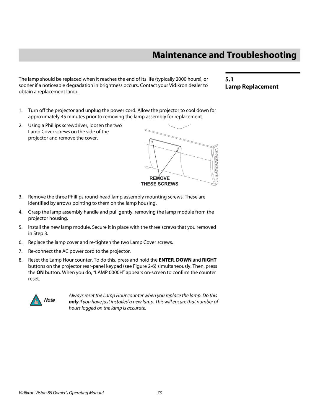 Vidikron 85 manual 5Maintenance and Troubleshooting, Lamp Replacement 