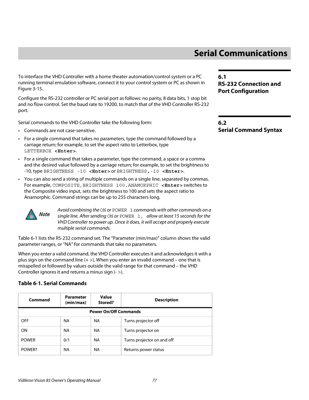 Vidikron 85 manual Serial Command Syntax, RS-232 Connection and Port Configuration, Serial Commands 