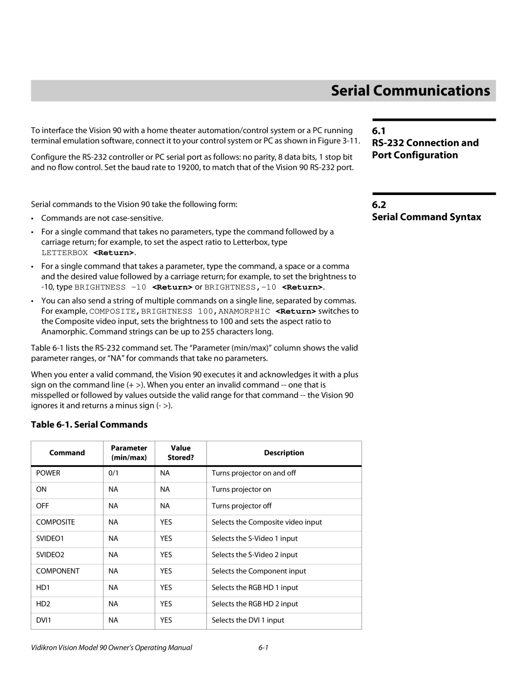 Vidikron 90 manual 6Serial Communications, Serial Command Syntax, Serial Commands, RS-232 Connection and Port Configuration 