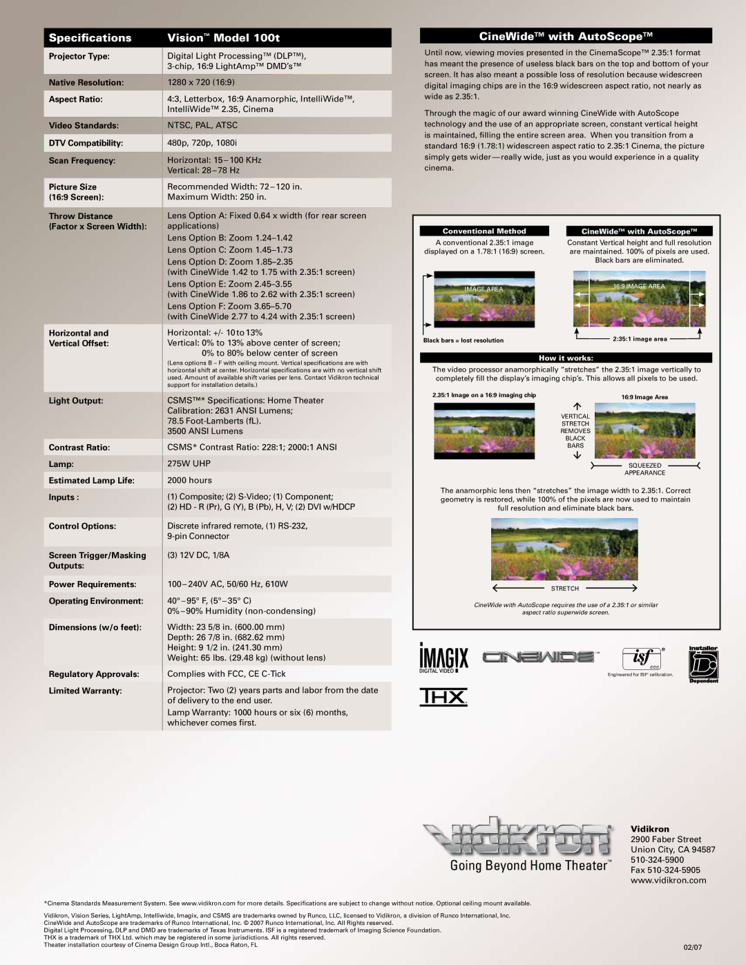 Vidikron l100t LightAmp specifications Specifications, Vision Model 100t, CineWide with AutoScope, How it works 