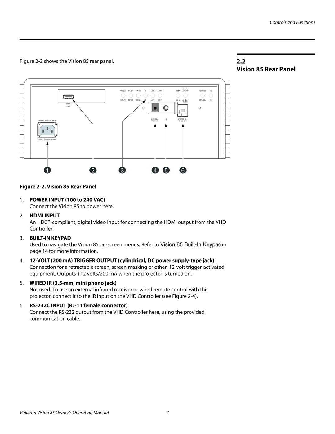 Vidikron Model 85 manual Vision 85 Rear Panel, Wired IR 3.5-mm, mini phono jack, RS-232C Input RJ-11 female connector 