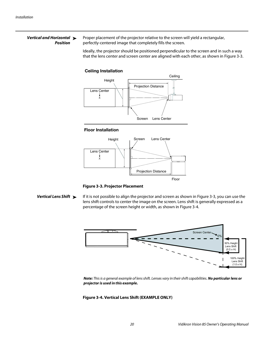 Vidikron Model 85 manual Position, Ceiling Installation, Floor Installation 