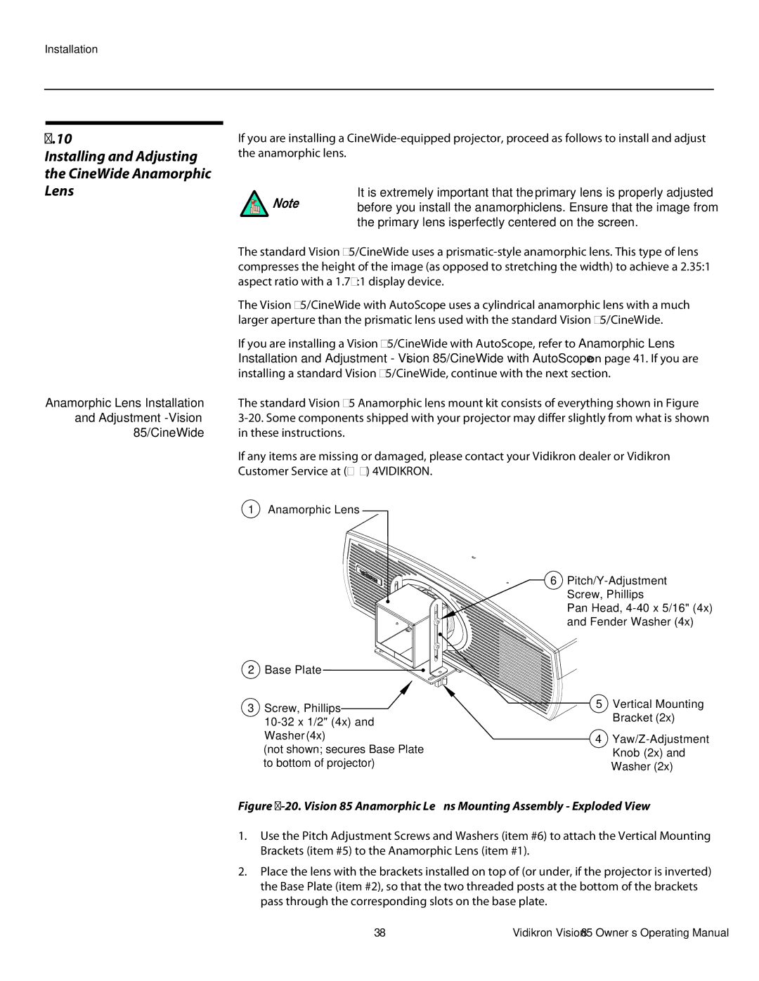 Vidikron Model 85 manual Installing and Adjusting the CineWide Anamorphic Lens 