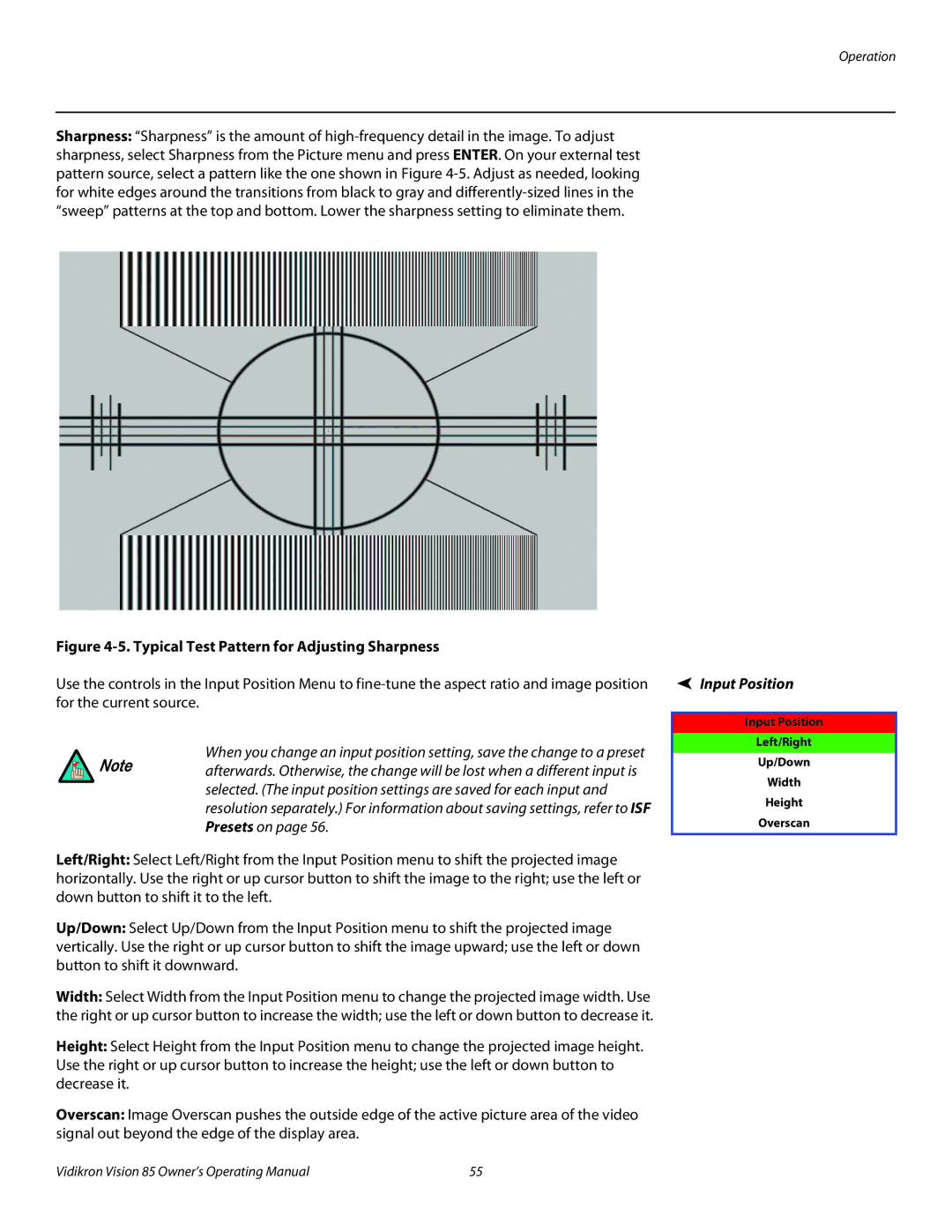 Vidikron Model 85 manual Typical Test Pattern for Adjusting Sharpness, Input Position 