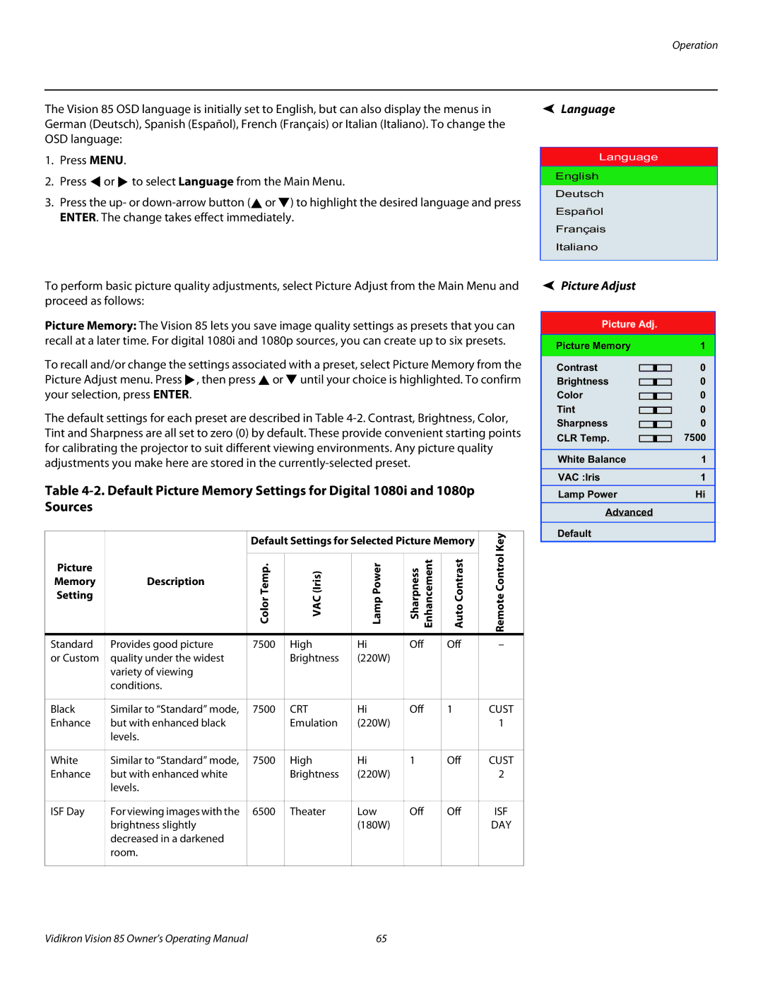 Vidikron Model 85 manual Language, Picture Adjust, Key, Color Temp VAC Iris Lamp Power, Auto Contrast 