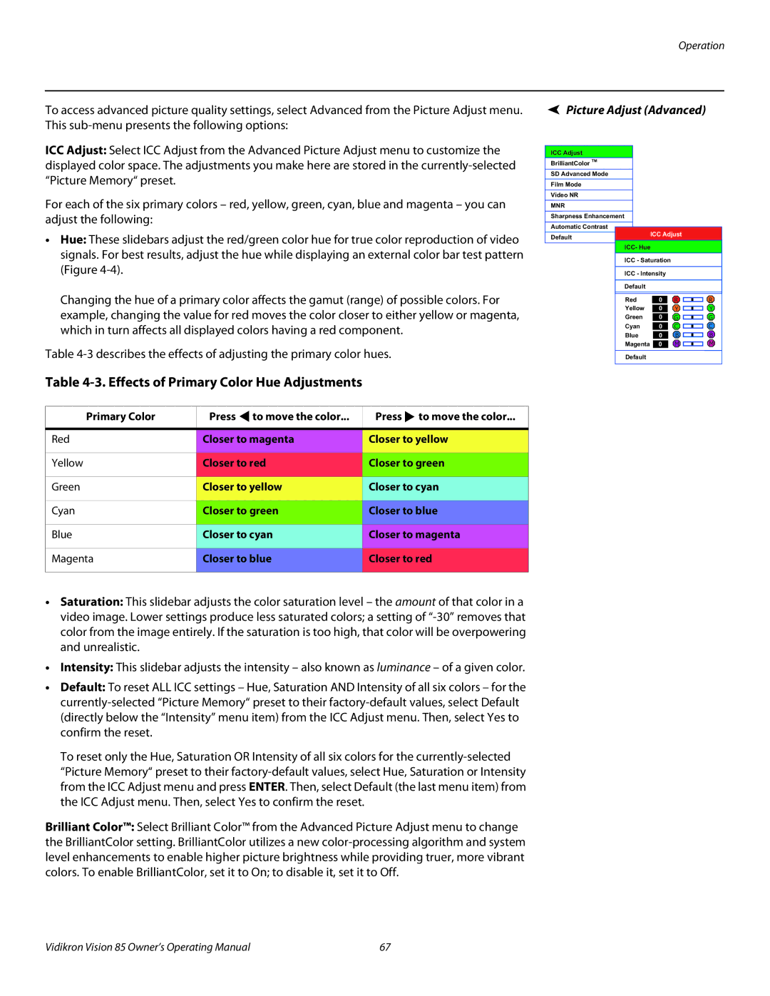 Vidikron Model 85 manual Effects of Primary Color Hue Adjustments, Picture Adjust Advanced 