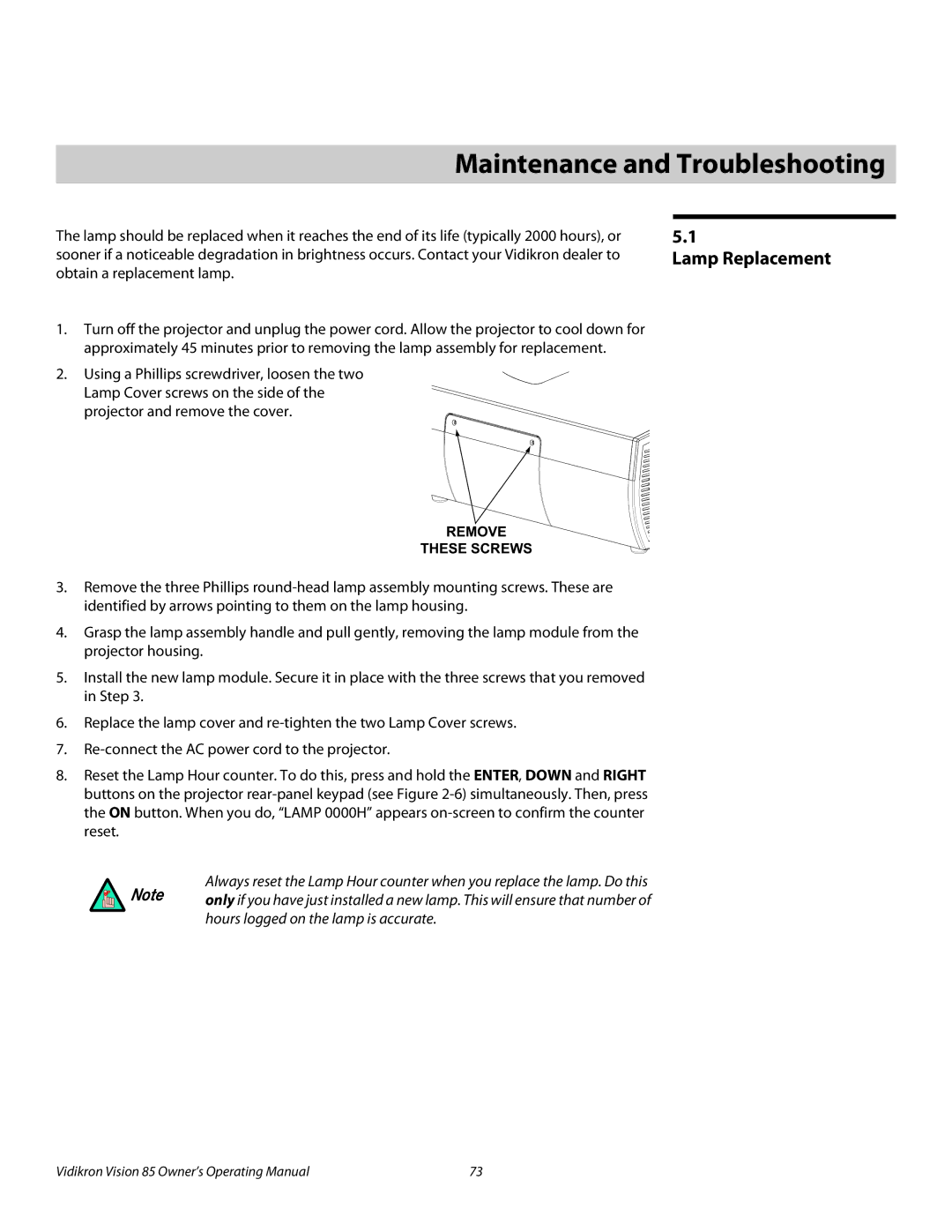 Vidikron Model 85 manual 5Maintenance and Troubleshooting, Lamp Replacement 