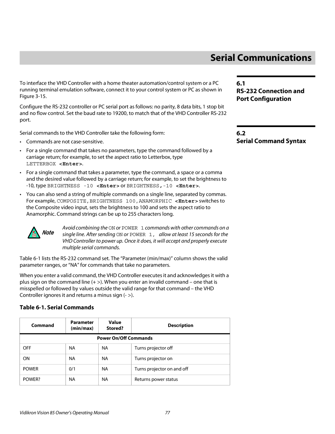 Vidikron Model 85 manual Serial Command Syntax, RS-232 Connection and Port Configuration, Serial Commands 