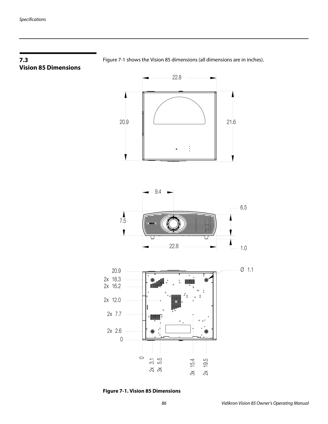 Vidikron Model 85 manual Vision 85 Dimensions 