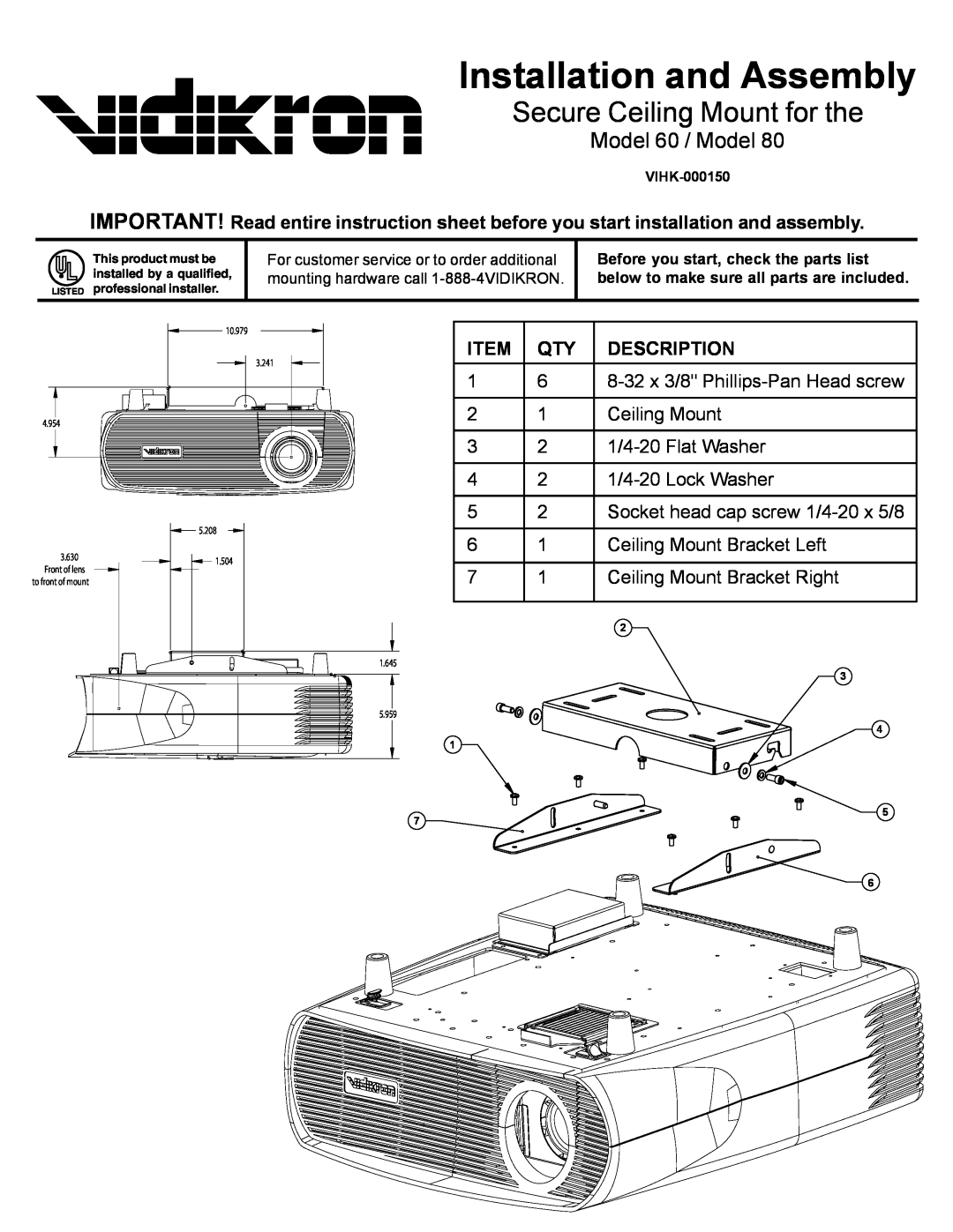 Vidikron Model60-80 instruction sheet For customer service or to order additional, Before you start, check the parts list 