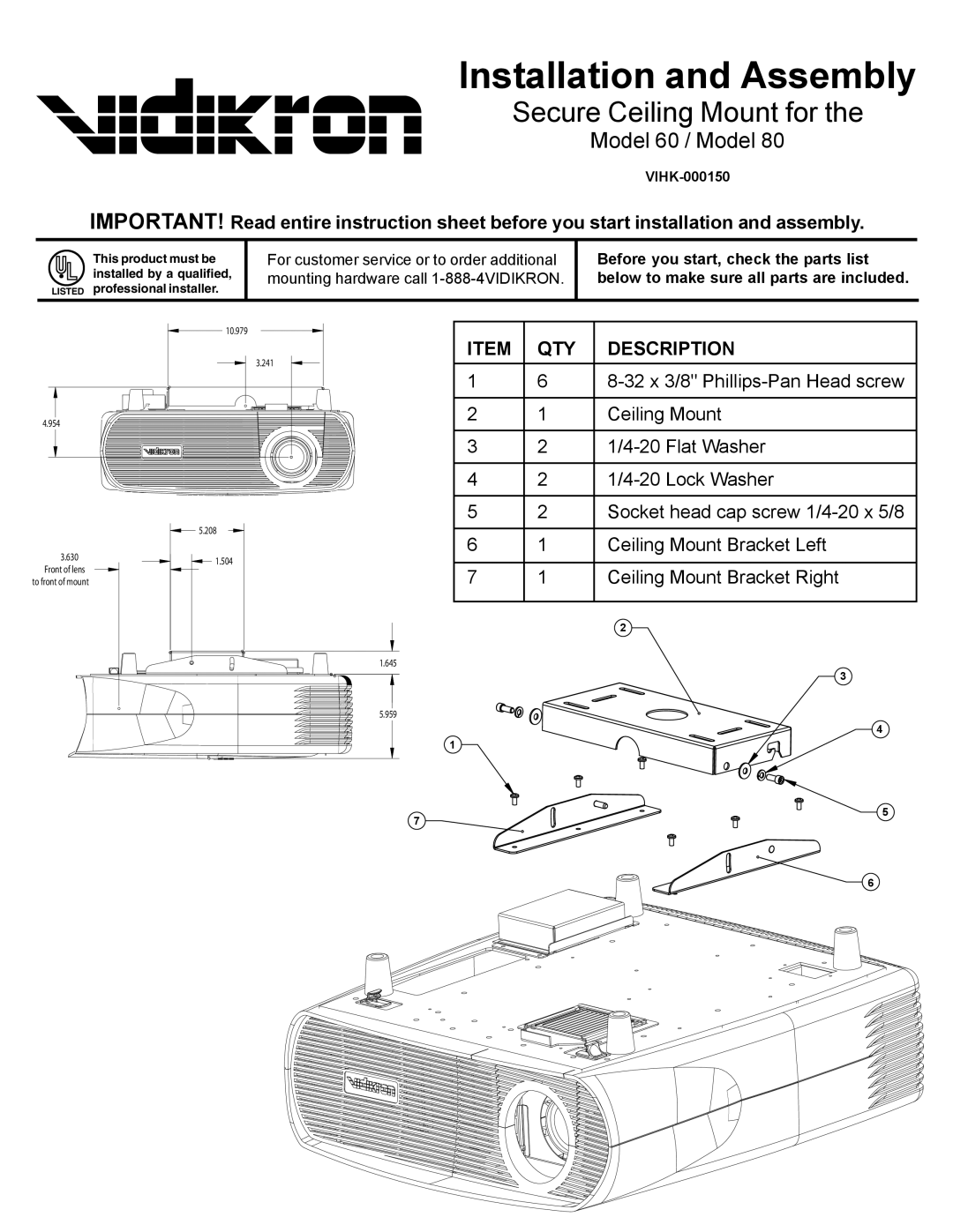 Vidikron Model60-80 instruction sheet Installation and Assembly 