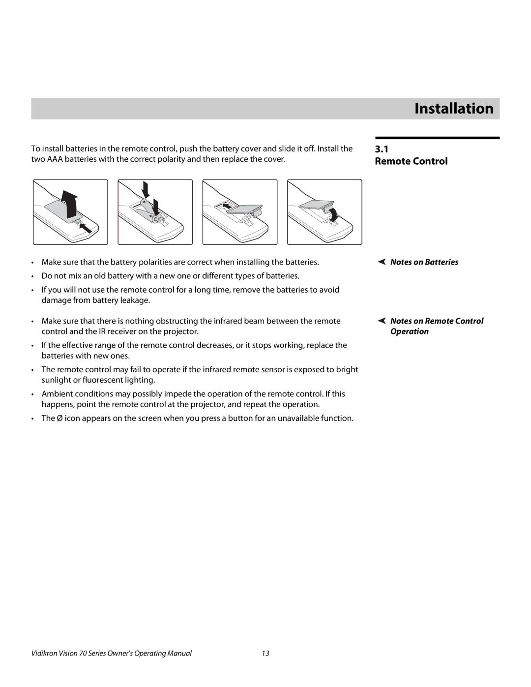 Vidikron SERIES 1080p manual 3Installation, Remote Control, Operation 