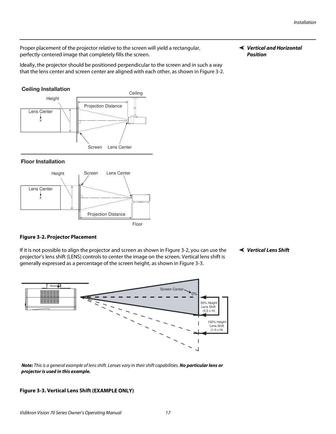 Vidikron SERIES 1080p manual Vertical and Horizontal, Position, Ceiling Installation, Floor Installation 