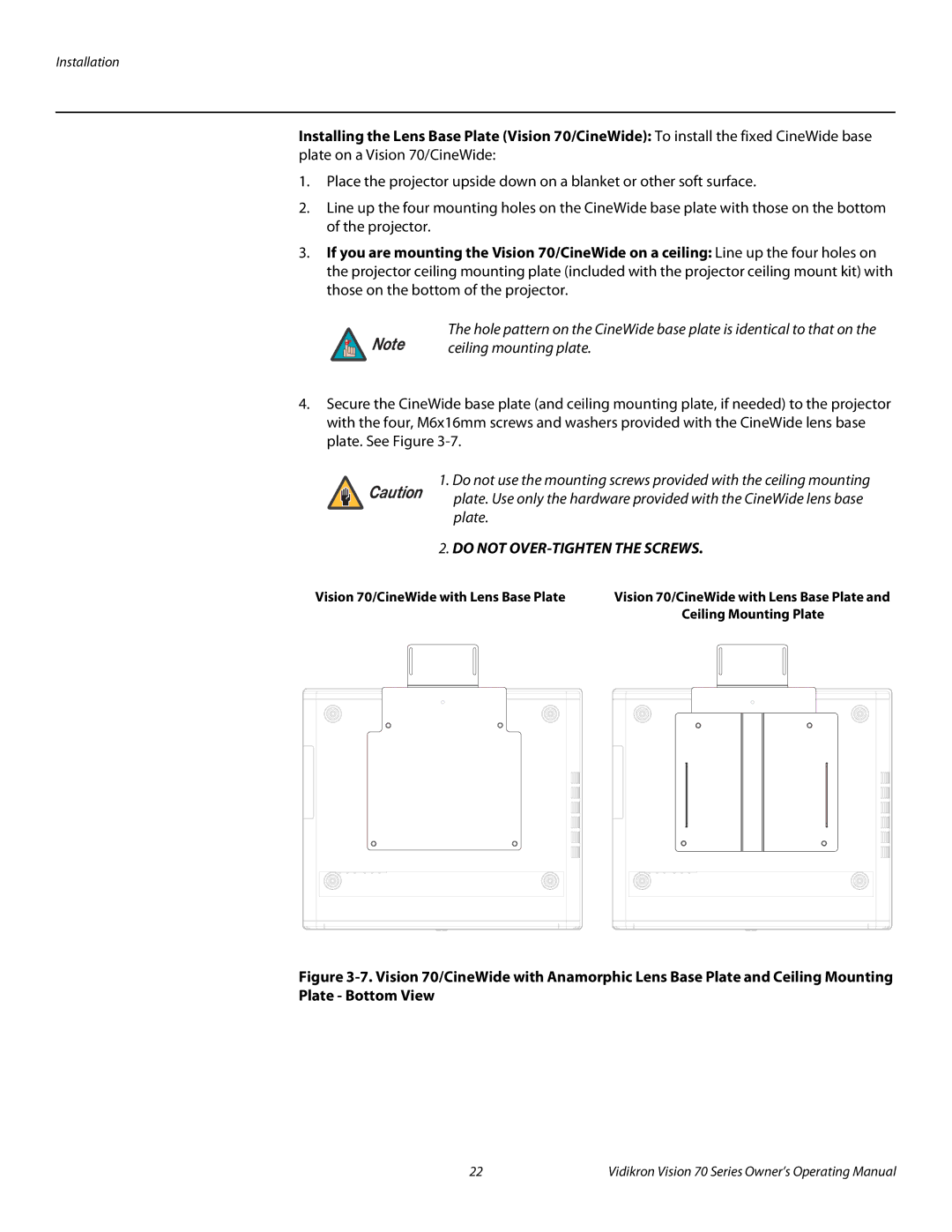 Vidikron SERIES 1080p manual Ceiling mounting plate, Vision 70/CineWide with Lens Base Plate 