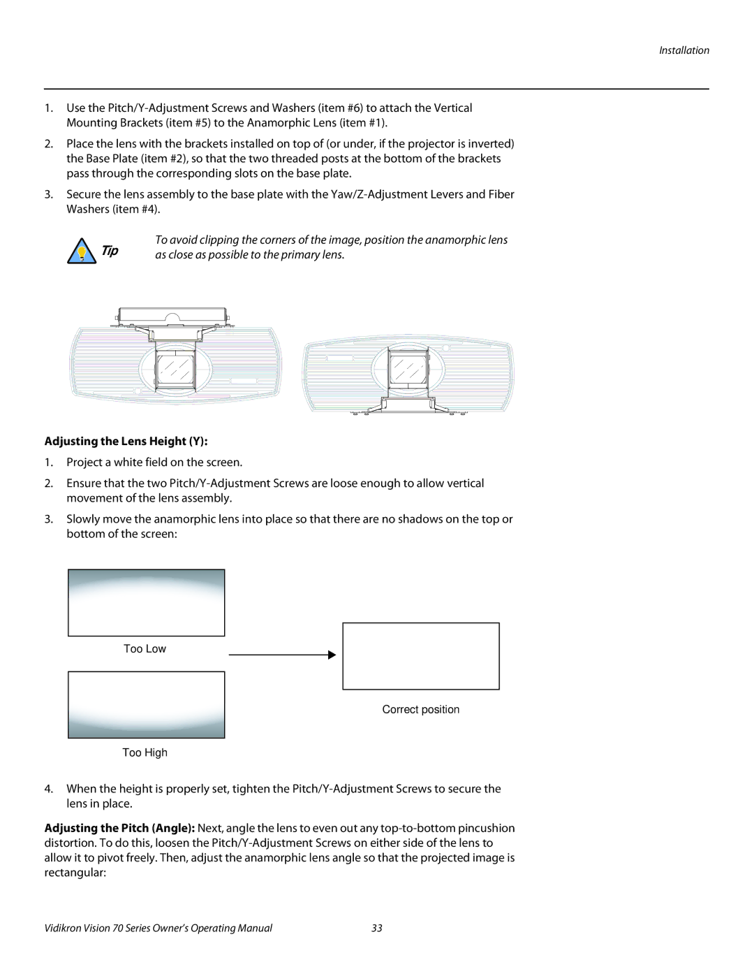 Vidikron SERIES 1080p manual Adjusting the Lens Height Y 