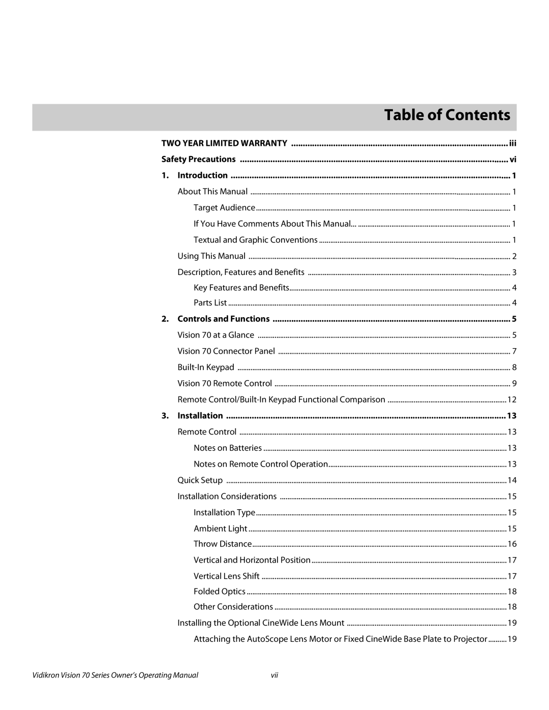 Vidikron SERIES 1080p manual 1Table of Contents 