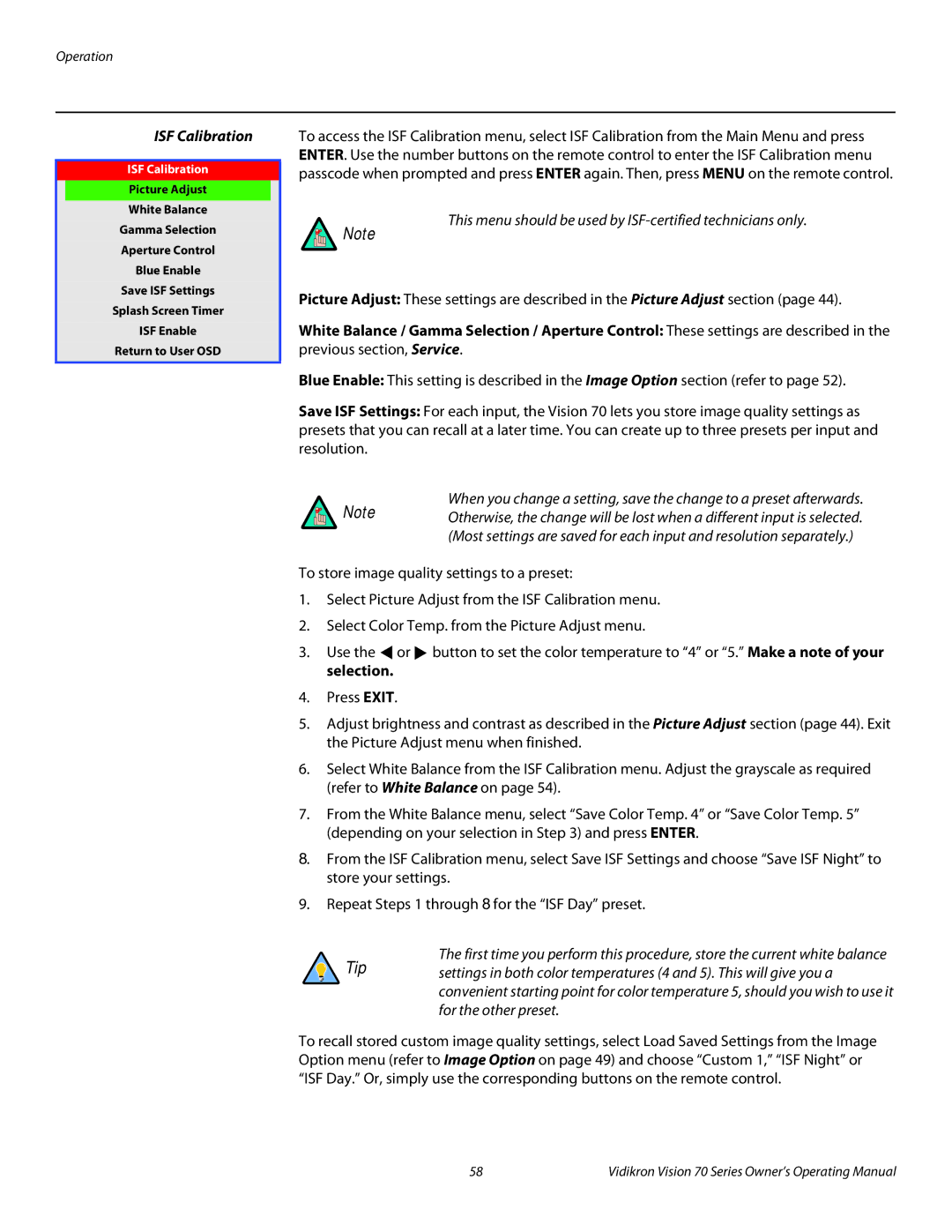 Vidikron SERIES 1080p manual ISF Calibration 