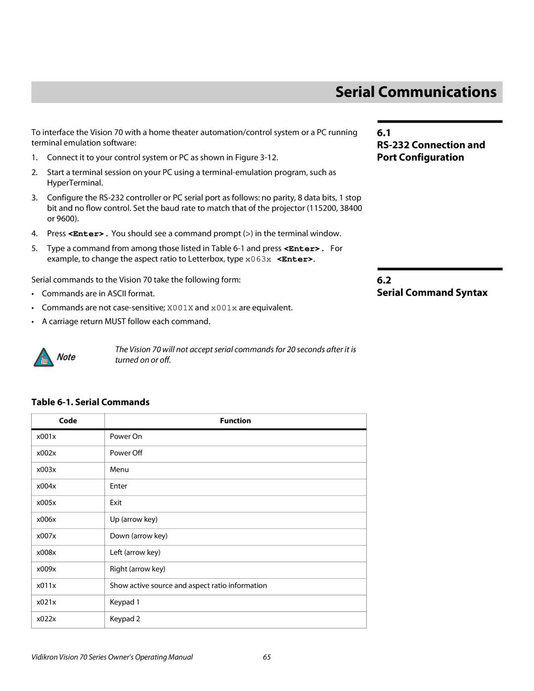 Vidikron SERIES 1080p manual 6Serial Communications, Serial Command Syntax, RS-232 Connection and Port Configuration 