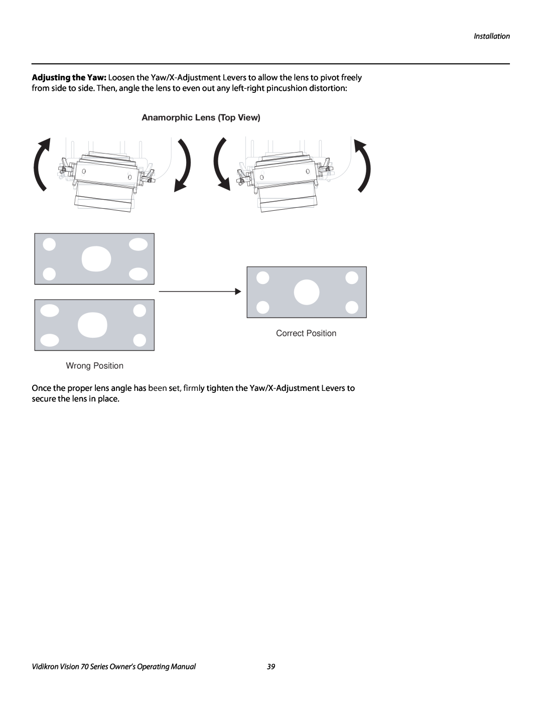 Vidikron SERIES 1080p manual Anamorphic Lens Top View, Installation, Vidikron Vision 70 Series Owner’s Operating Manual 