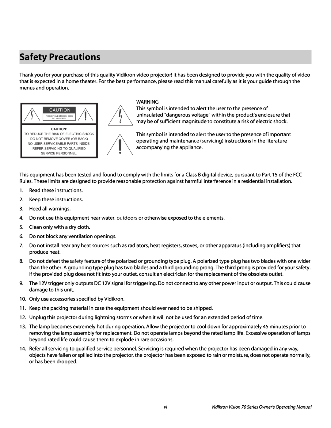 Vidikron SERIES 1080p manual Safety Precautions 