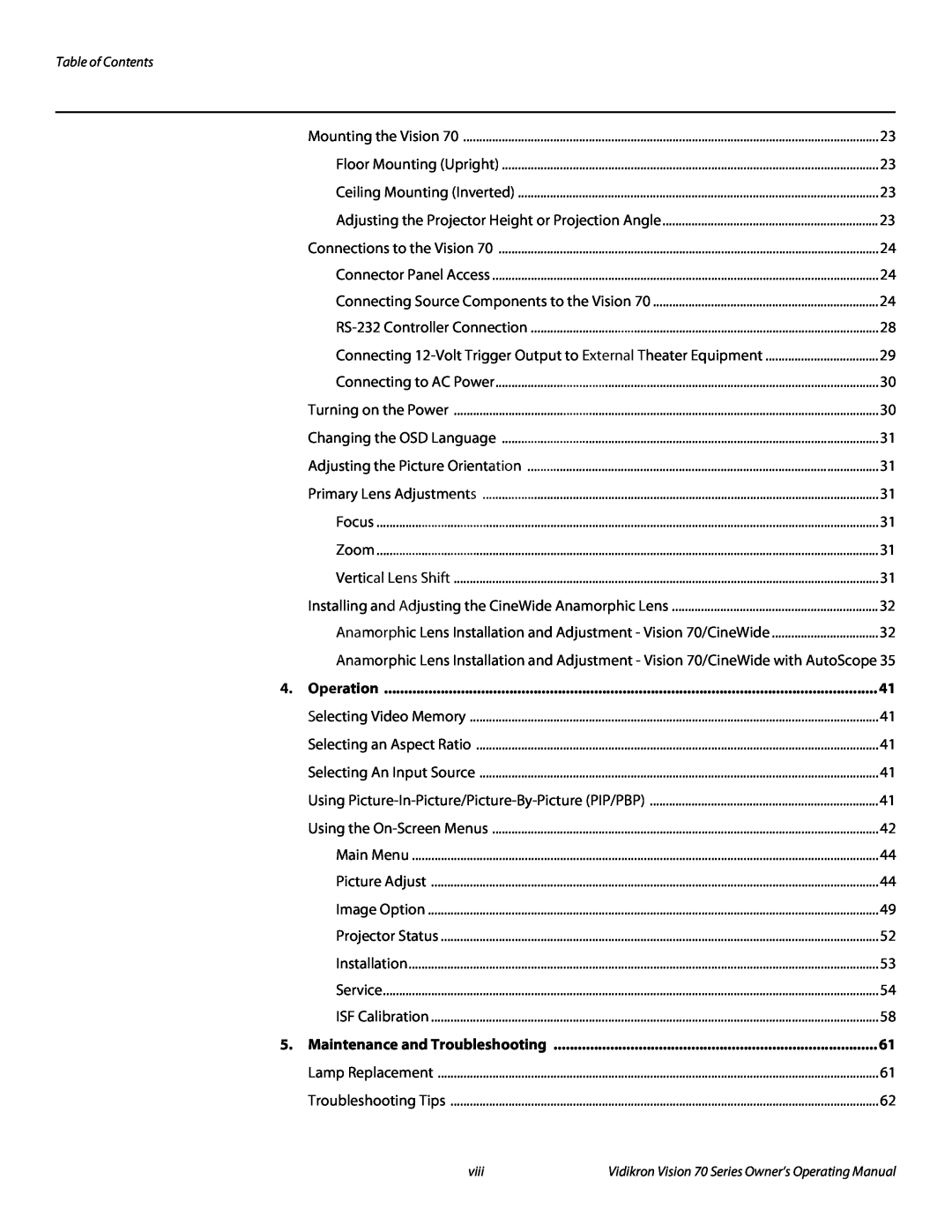 Vidikron SERIES 1080p manual Table of Contents, Operation, Maintenance and Troubleshooting, viii 